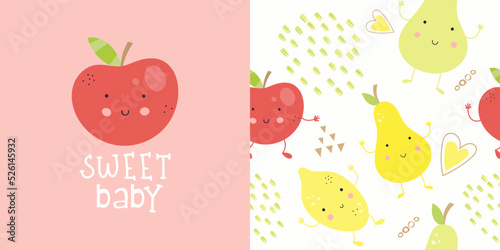 Red Apple Print Card and Seamless Pattern for kids fabric textile. Fruits collection. Vector illustration