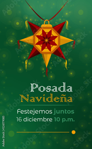 Poster de posada navideña mexicana. Piñata de posada como principal elemento y datos del evento.