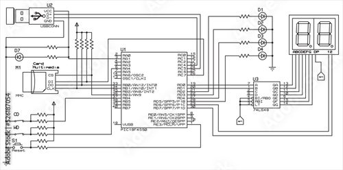 The vector electrical schematic diagram of a digital usb information output device, operating under the control of an PIC microcontroller. Vector drawing of an electronic device in a1 format.