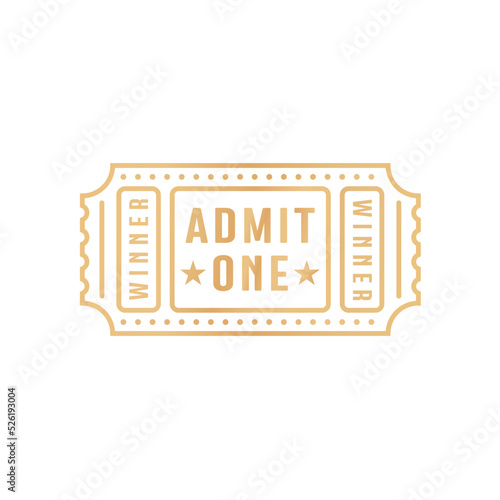 Raffle Ticket, Admit One, Movie Ticket, Film Admission, Winner Ticket, Golden, Entry Ticket Icon Vector Illustration