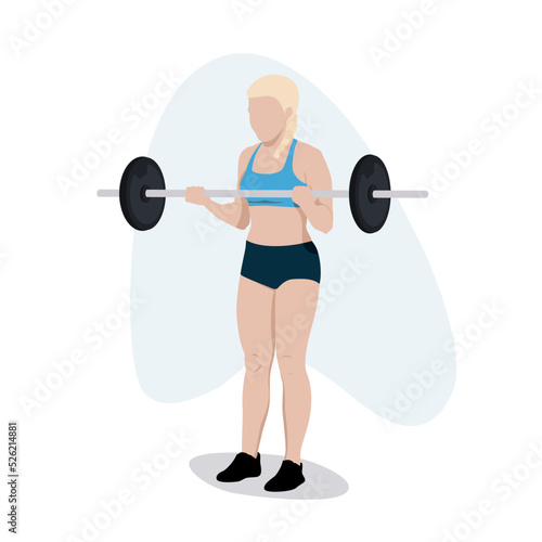 Kobieta z dużą sztangą. Dziewczyna rzeźbiąca ramiona - ćwiczenia na biceps. Trening ramion. Zdrowy tryb życia. Sylwetka wektor na białym tle.