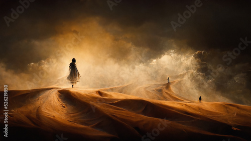 Cinematic scene of people in desert with approaching sandstorm and dramatic lighting, digital illustration