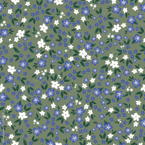 Simple vintage pattern. small white and blue flowers , dark green leaves. green background. Fashionable print for textiles and wallpaper.