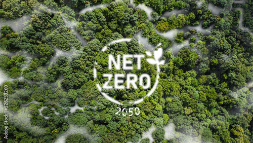 Net Zero 2050 Carbon Neutral and Net Zero Concept natural environment A climate-neutral long-term strategy greenhouse gas emissions targets A cloud of mist in the green Net Zero figure.