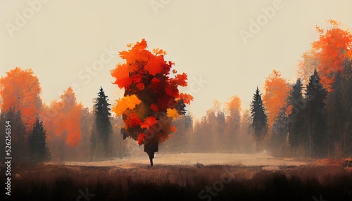 Colorful autumn landscape. Fall season with red and orange trees. Beautiful painting of an outdoor scenery. Scenic view of nature with trees and pines. Colorful pastel painting on a foggy day.