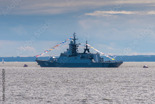 Russia. Kronstadt. July 31, 2022. A military corvette on the parade of the Navy.