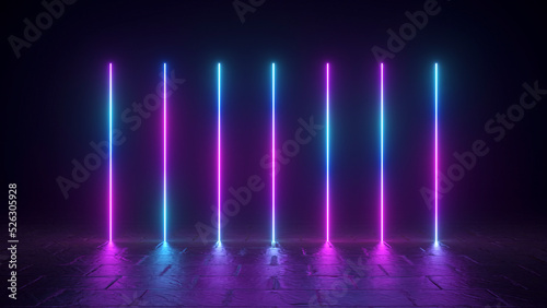 Abstract concept. Neon blue purple lines on a dark background. Reflection. Night club. Lighting. Tile. 3d illustration