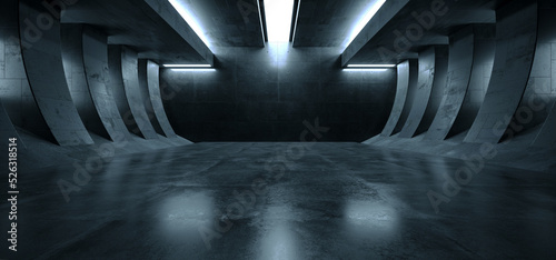 Futuristic Sci Fi Spaceship Showroom Hangar Studio Concrete Grunge Cement Asphalt Dark Realistic Basement Underground Bunker 3D Rendering