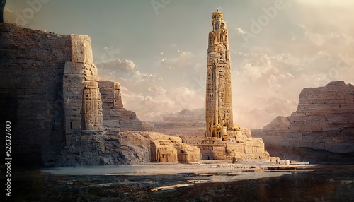 The obelisk rises near the ruined wall of the temple.
