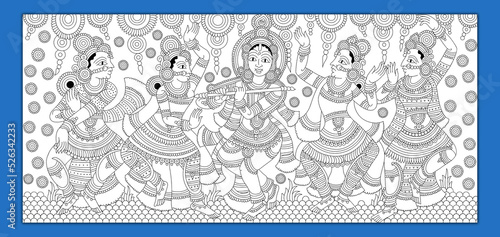 Pen Kalamkari Blue Background Outline Frame krishna With Gopika
