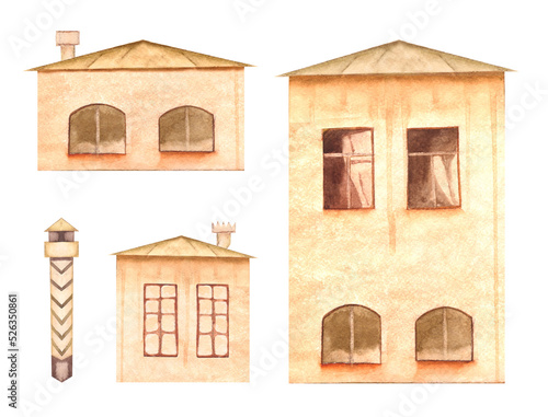 Watercolour set: houses for city streets, villages, townships, hamlets.
