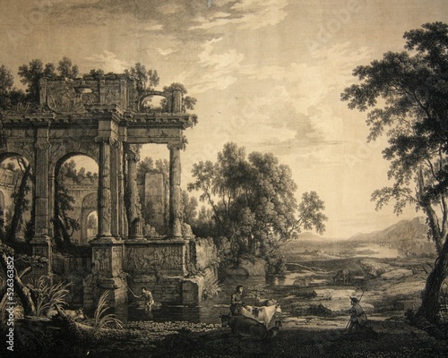 Pastoral scenery with ruin. 1700 century engraving after Pierre-Antoine Patel (1648 - 1707) 