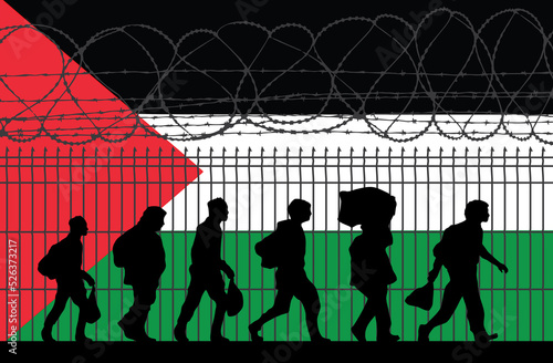Flag of Palestine - Refugees near barbed wire fence. Migrants migrates to other countries.
