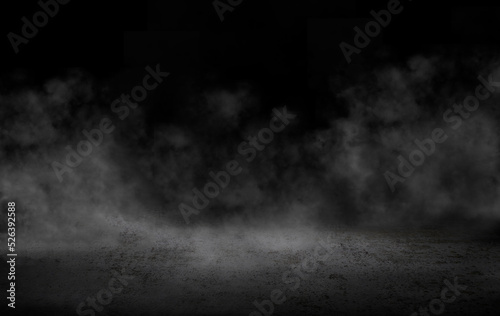 Concrete floor with smoke or fog in dark room with spotlight. asphalt street, black background