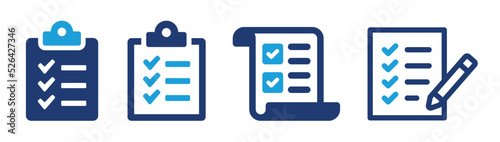 Checklist icon set. Containing clipboard with checkmark, document, checkbox on paper icon vector illustration.