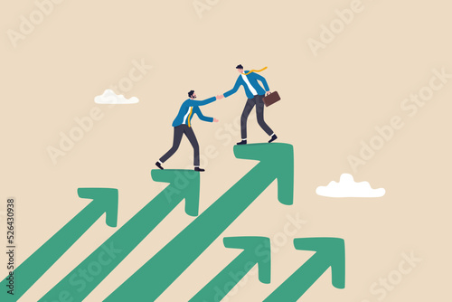 Business mentor, coaching or consult to help success, leadership or support to grow business or career, advice and trust to help improve, businessman mentor help coworker to climb growth arrow chart.