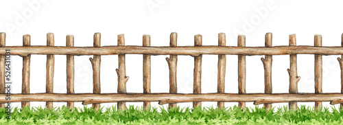 Wooden fence panel on the grass seamless border. Watercolor illustration. Wood trunk fence with grass element. Hand drawn vintage style rustic park, farm, garden secure border. White background