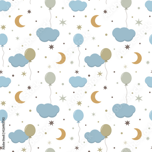 Kids bedroom pattern with pastel moon, balloons, clouds, and stars. Baby boho background. Nursery wall art, baby textile, printable paper. Isolated on white background.