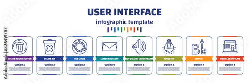 infographic template with icons and 8 options or steps. infographic for user interface concept. included delete round button, delete bin, hue circle, letter envelope, high volume loudspeaker,