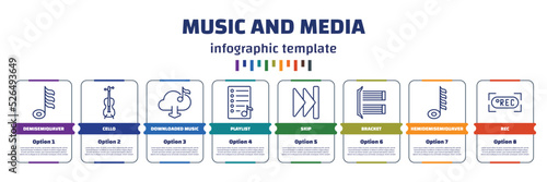infographic template with icons and 8 options or steps. infographic for music and media concept. included demisemiquaver, cello, downloaded music cloud, playlist, skip, bracket, hemidemisemiquaver,