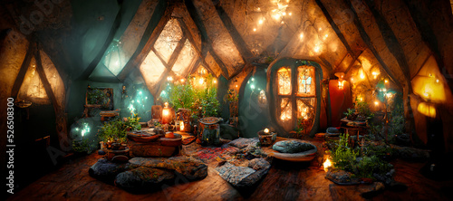 Spectacular picture of interior of a fantasy medieval cottage, full with plants furniture and enchanted light. Digital art 3D illustration.