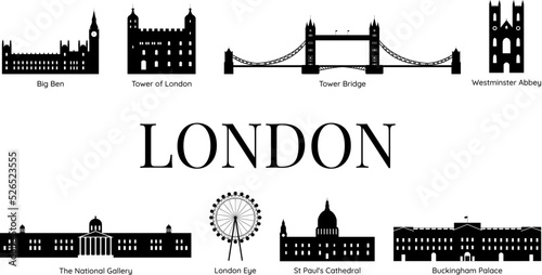 London silhouette in black-and-white color. London's tourist attractions