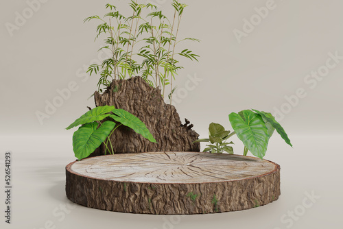 Podium for product display nature concept with wood, taro leaf, and bamboo 3D Rendering