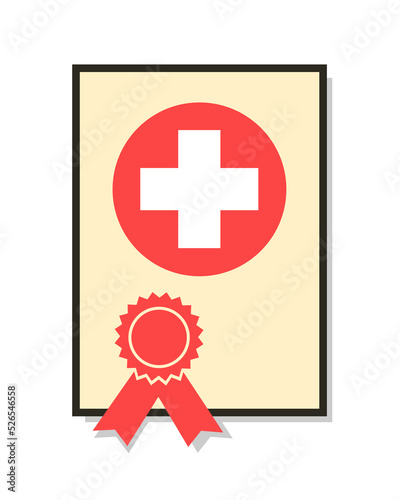 Diploma and certificate from medical school - official certification of education, studium and skill in medicine. Graduation and studying for doctor and medic. Vector illustration isolated.
