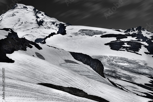 Black and white glacier crevasses. Mt Baker, Washington State. Pacific rim. USA