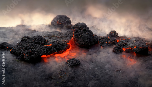 Apocalyptic volcanic landscape with hot flowing lava and smoke and ash clouds. 3D illustration.