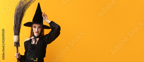 Beautiful woman dressed as witch for Halloween on orange background with space for text