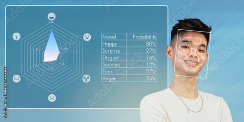 Emotion detection and recognition AI or affective computing concept. Computer vision technology analyzing facial cues and expressions. Used on a happy young man to assess emotional state probability.