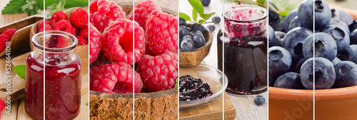 Collage made of different jam and berry.