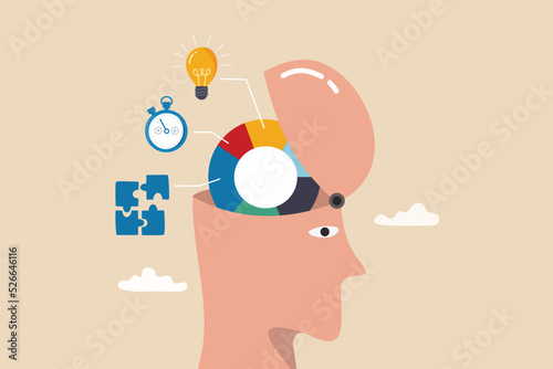 Cognitive ability skill to think and process solution or idea to solve problem in timely manner, intelligence, knowledge or aptitude test, human head brain with pie chart of idea, solution and time.