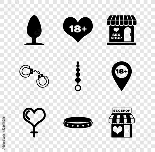 Set Anal plug, 18 plus content heart, Sex shop building, Female gender and, Leather fetish collar, Sexy fluffy handcuffs and beads icon. Vector