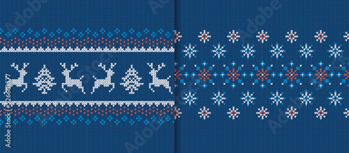 Christmas knit prints with deers and snowflakes. Blue seamless pattern. Knitted sweater texture. Fair isle traditional backgrounds. Set holiday ornaments. Festive crochet. Vector illustration