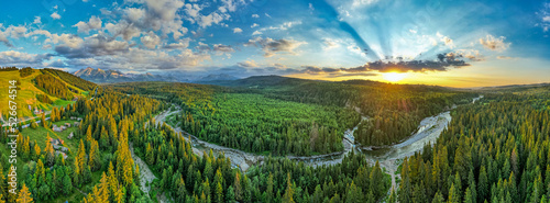 Sunrise over river in tatras Mountains. Aerial Drone Panoramic view