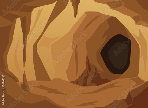 Buffy stone cave with dark brown entrance to tunnel flat style, vector illustration