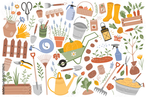 Set of garden tools icons, doodle illustrations of gardening and farm equipment, wheelbarrow, secateurs, flowerpots, agriculture items collection, isolated colored clipart on white background