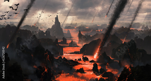 Meteorite falling from the sky, purgatory scene, 3d illustration.