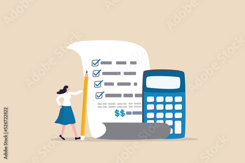 Project cost estimation, calculate budget or resources to finish work, financial plan, invoice or tax, expense or loan concept, businesswoman with calculator estimate cost from project document.