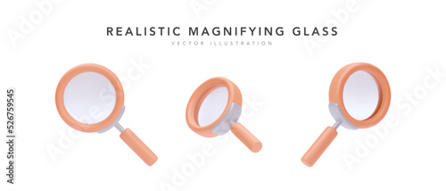 Set of 3d realistic magnifying glass isolated on white background. Vector illustration