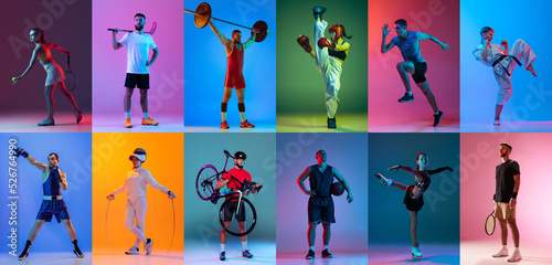 Poster, banner with professional sportsmen in sports uniform over multicolored background in neon filter. Concept of sport games, competition, achievements