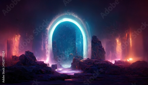 Illuminated arch portal in rock in underground dimension