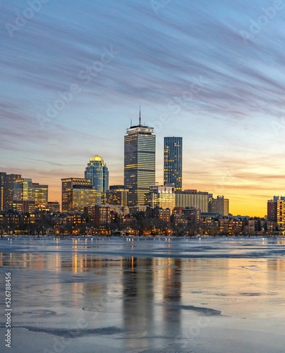 Vertical shot of the Boston skyline at sunset. Massachusetts, United States.