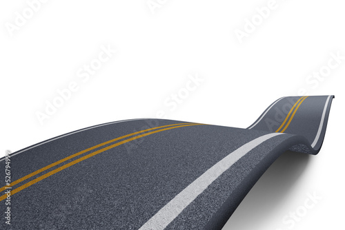 empty asphalt road curved with shadow isolated on white background with clipping path and copy space for use advertising mockup, land traffic, 3d illustration rendering