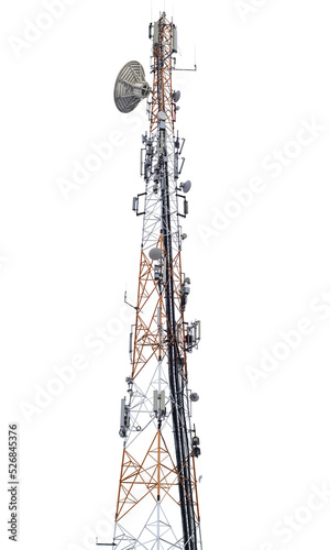 Modern mobile, radio and telecommunication antenna tower isolated on white during 5G internet development isolated