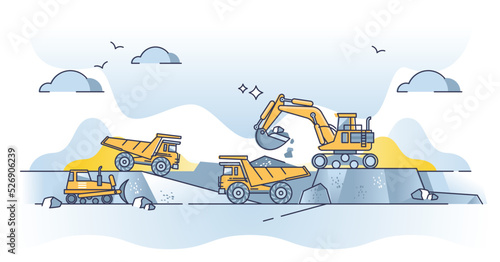 Mineral resources extraction with land digging and drilling outline concept. Land mining and earth material consume with heavy machinery work vector illustration. Coal, stones and rocks production.