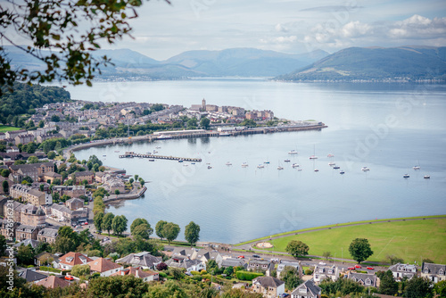A view of Gourock and Gourock Bay on the Firth of Clyde, seen from the viewpoint on Lyle Hill, Greenock, Inverclyde, Scotland.