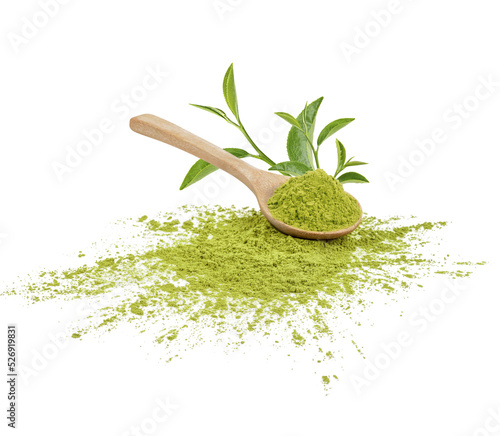 Green matcha powder in a spoon with tea leaves isolated on transparent background. (.PNG)